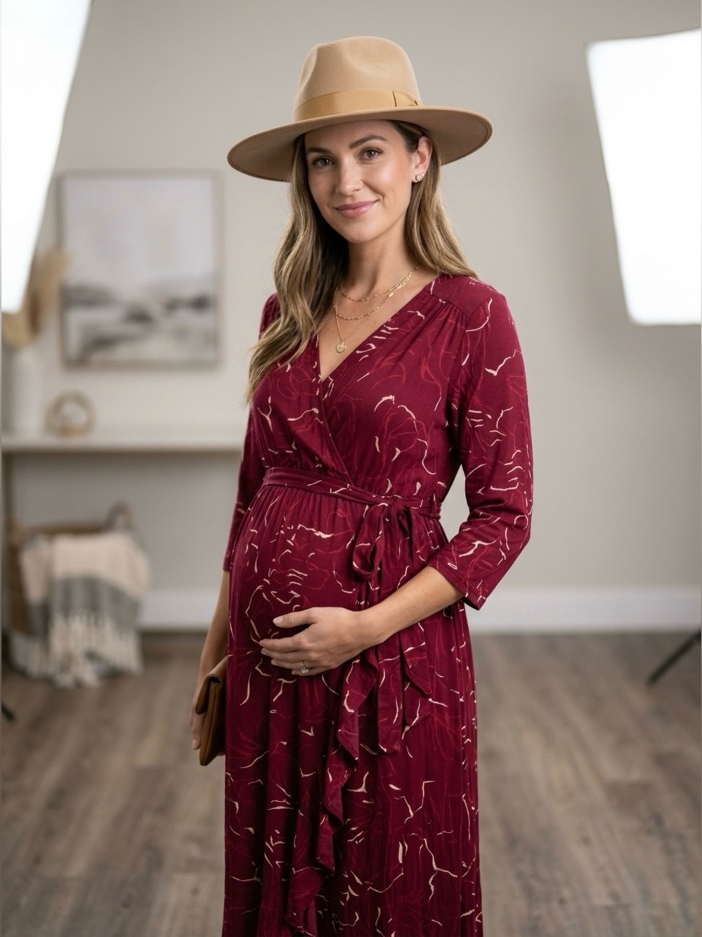 Isabel Maternity Ingrid & Isabel Faux Wrap Maxi Dress Burgundy White Medium NWOT